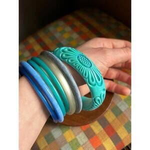 Vintage Bangle Bracelet Lot Blue Turquoise Resin Lucite Stack Retro 7pc